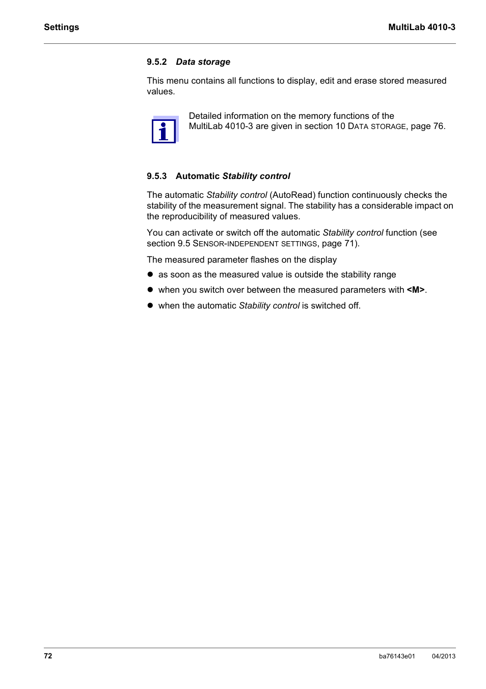 2 data storage, 3 automatic stability control, Data | Automatic st, Ee section 9.5.3 a, Utomatic, Tability, Trol, Control, Tabil | Xylem MultiLab 4010-3 User Manual | Page 72 / 112