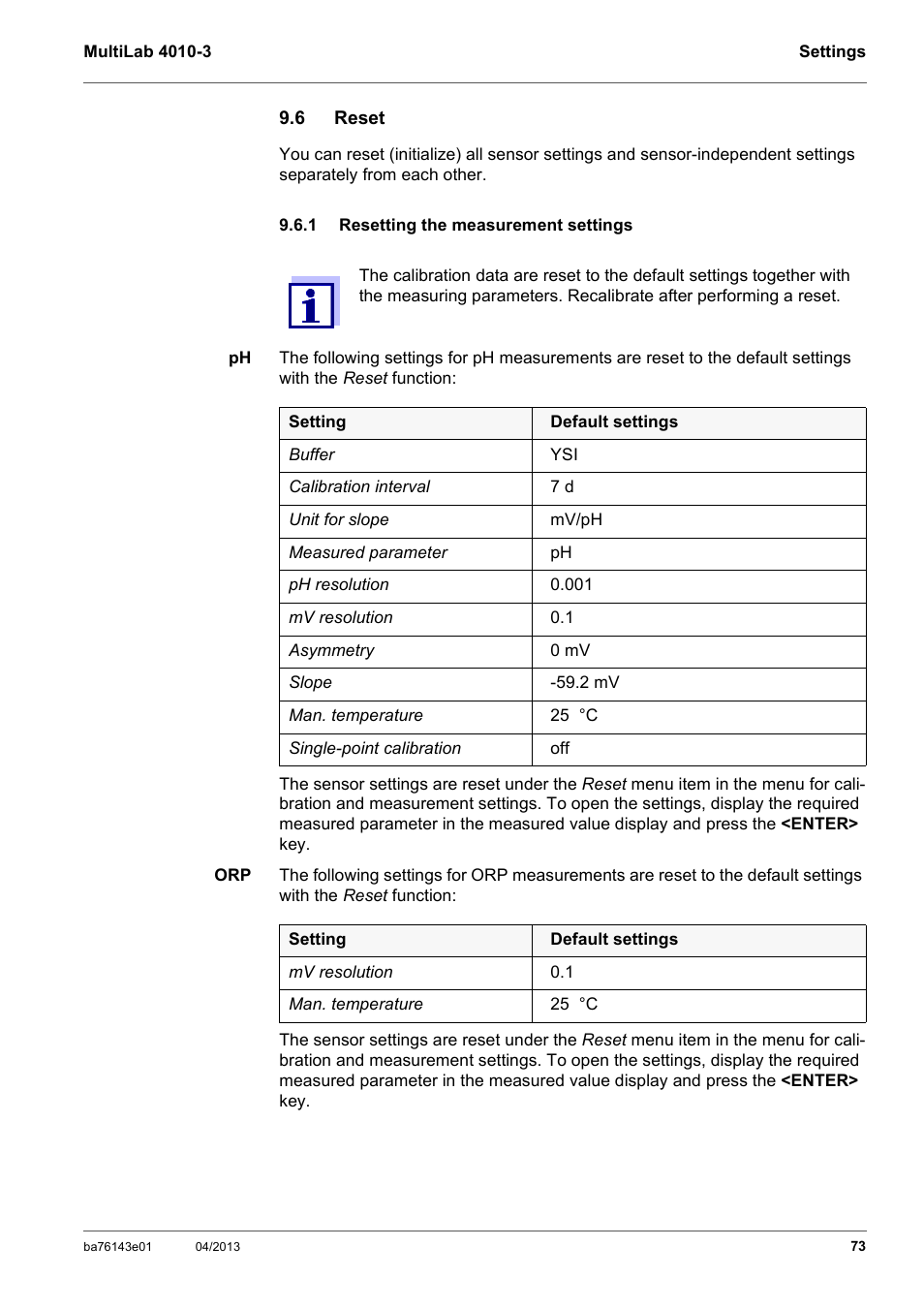 6 reset, 1 resetting the measurement settings, Reset | Resetting the measurement settings, Section 9.6.1 r, Esetting, Measurement, Settings, Eset, Ting | Xylem MultiLab 4010-3 User Manual | Page 73 / 112