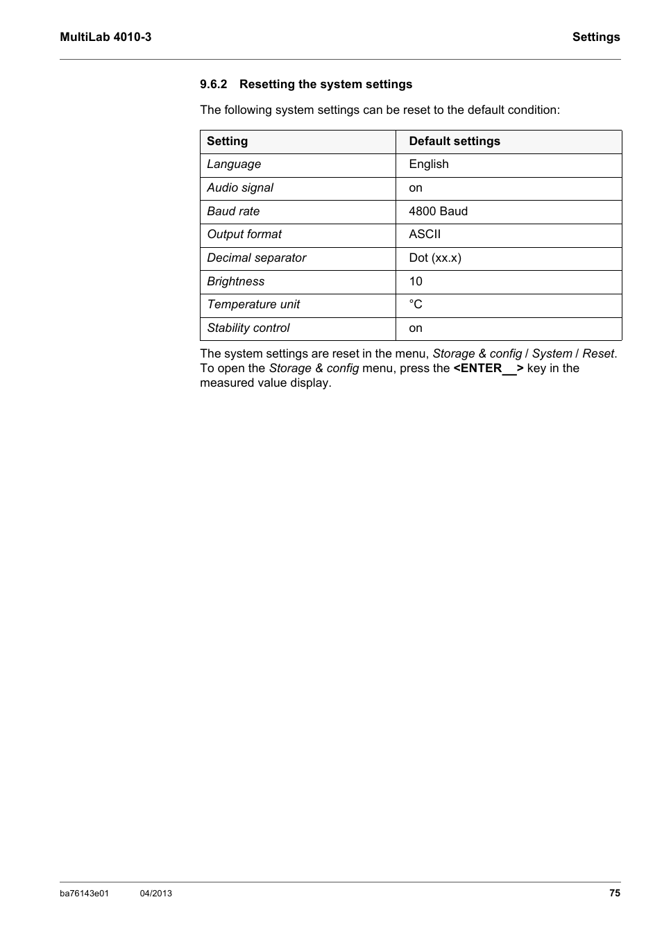 2 resetting the system settings, Resetting the system settings, See section 9.6.2 r | Eset, Ting, System, Settings | Xylem MultiLab 4010-3 User Manual | Page 75 / 112