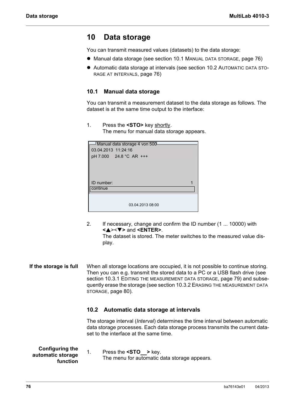 10 data storage, 1 manual data storage, 2 automatic data storage at intervals | Xylem MultiLab 4010-3 User Manual | Page 76 / 112