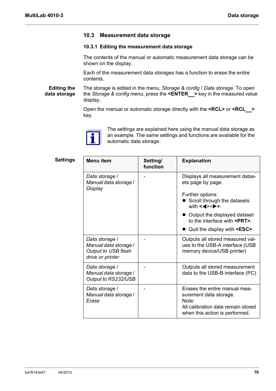 3 measurement data storage, 1 editing the measurement data storage, Section 10.3.1 e | Diting, Measurement, Data, Storage | Xylem MultiLab 4010-3 User Manual | Page 79 / 112