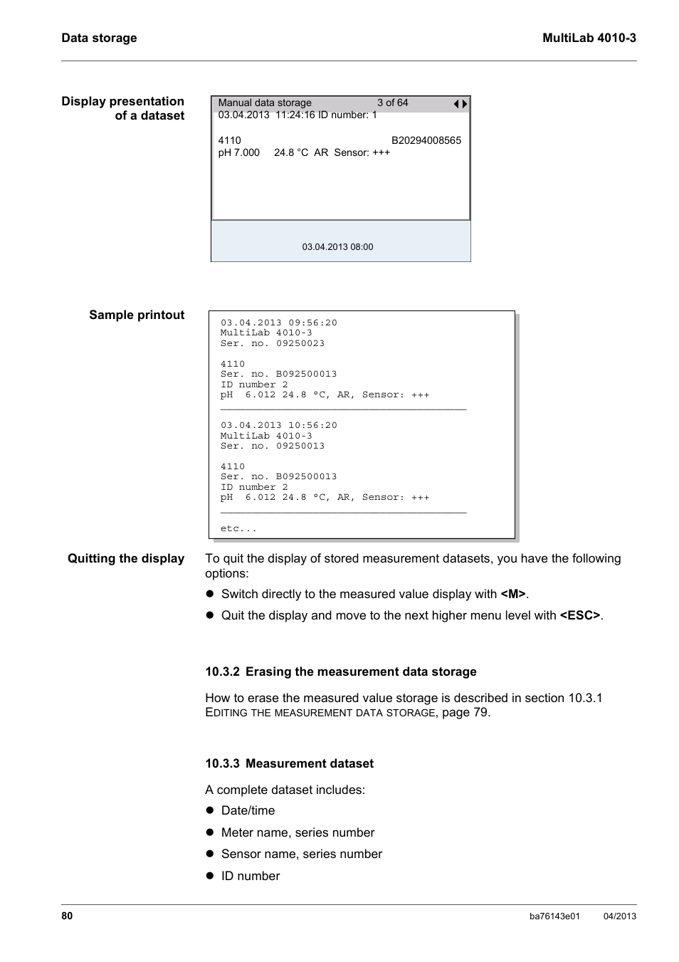 2 erasing the measurement data storage, 3 measurement dataset, Ee section 10.3.2 e | Rasing, Measurement, Data, Storage | Xylem MultiLab 4010-3 User Manual | Page 80 / 112