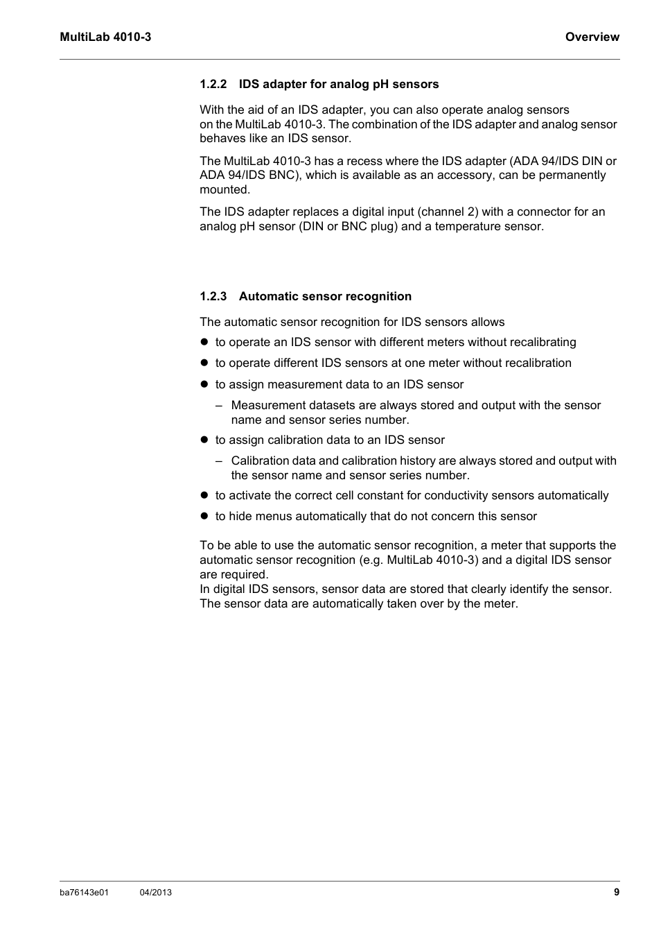 2 ids adapter for analog ph sensors, 3 automatic sensor recognition, Ids adapter for analog ph sensors | Automatic sensor recognition | Xylem MultiLab 4010-3 User Manual | Page 9 / 112