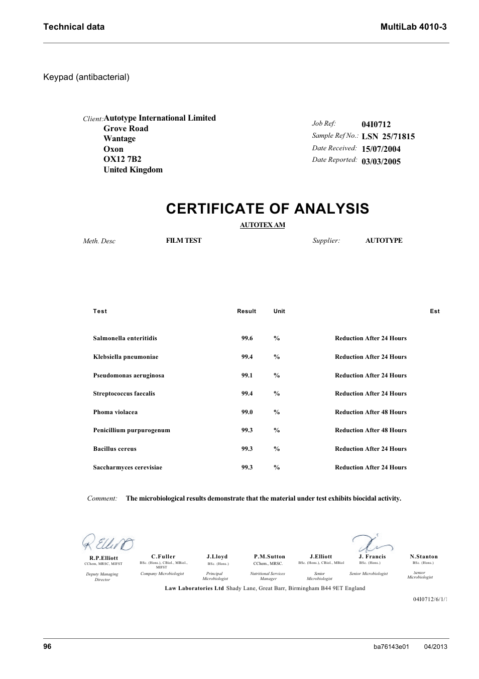 Certificate of analysis | Xylem MultiLab 4010-3 User Manual | Page 96 / 112