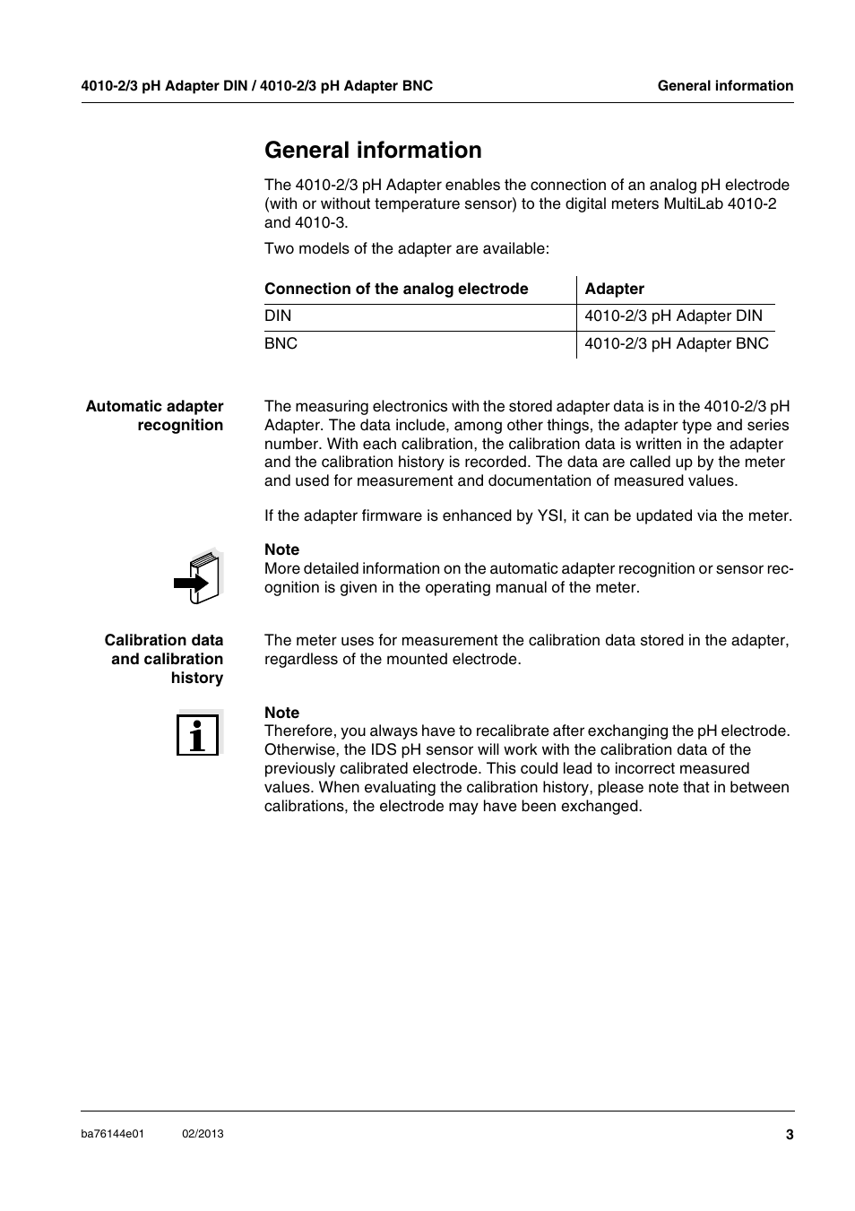 General information | YSI 4010-2 pH Adapter DIN / BNC User Manual | Page 3 / 10