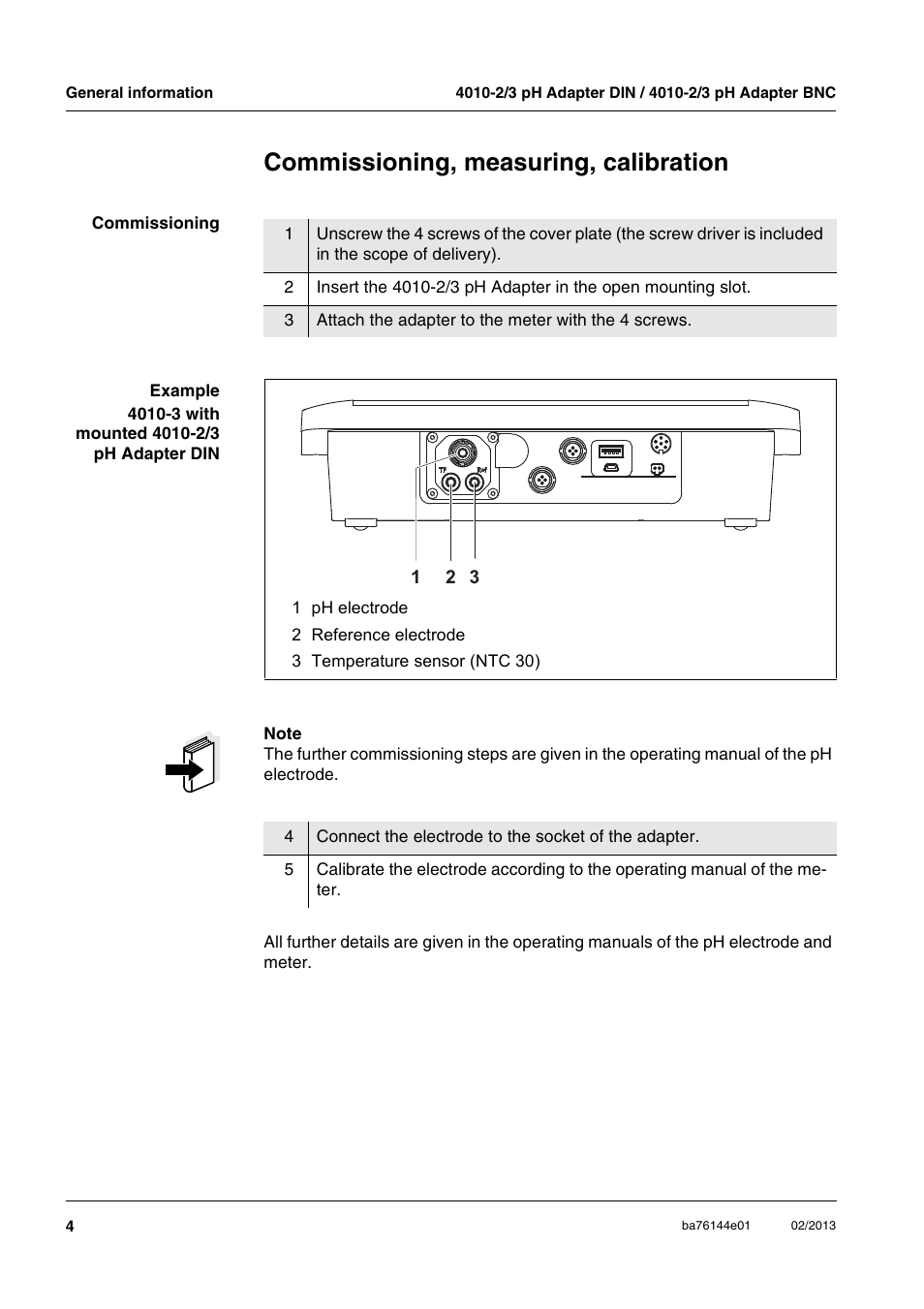 Commissioning, measuring, calibration | YSI 4010-2 pH Adapter DIN / BNC User Manual | Page 4 / 10