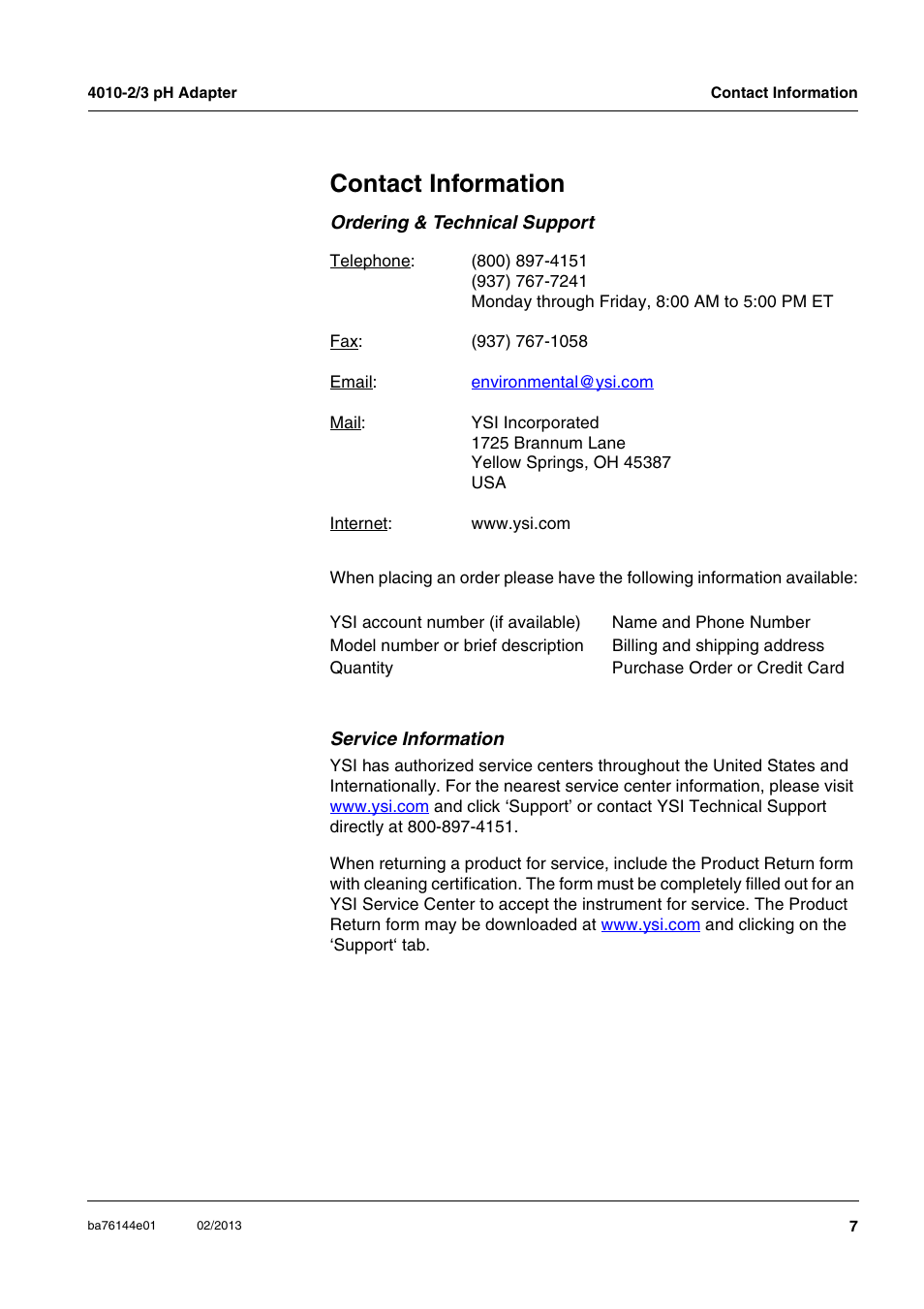 Contact information, Ordering & technical support, Service information | YSI 4010-2 pH Adapter DIN / BNC User Manual | Page 7 / 10