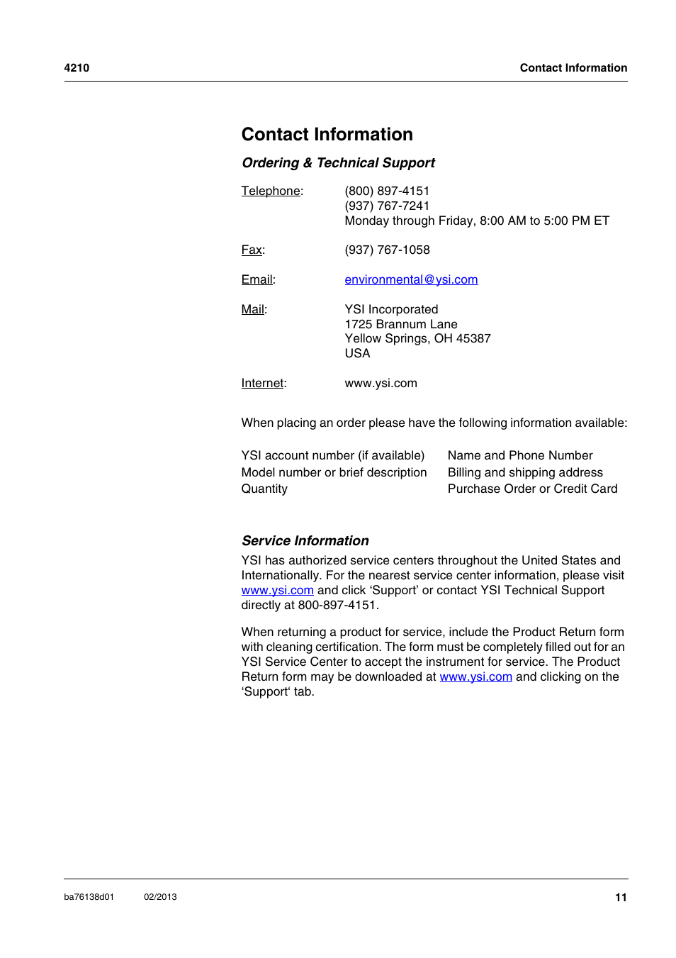 Contact information, Ordering & technical support, Service information | YSI MultiLab 4210 ORP Electrodes User Manual | Page 11 / 14