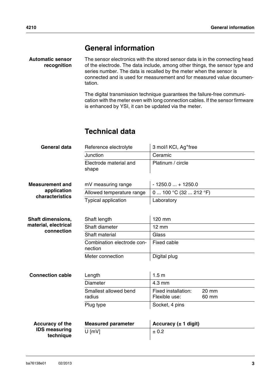 General information, Technical data | YSI MultiLab 4210 ORP Electrodes User Manual | Page 3 / 14