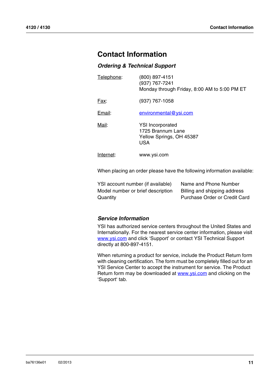 Contact information, Ordering & technical support, Service information | YSI MultiLab IDS 4120 User Manual | Page 11 / 14