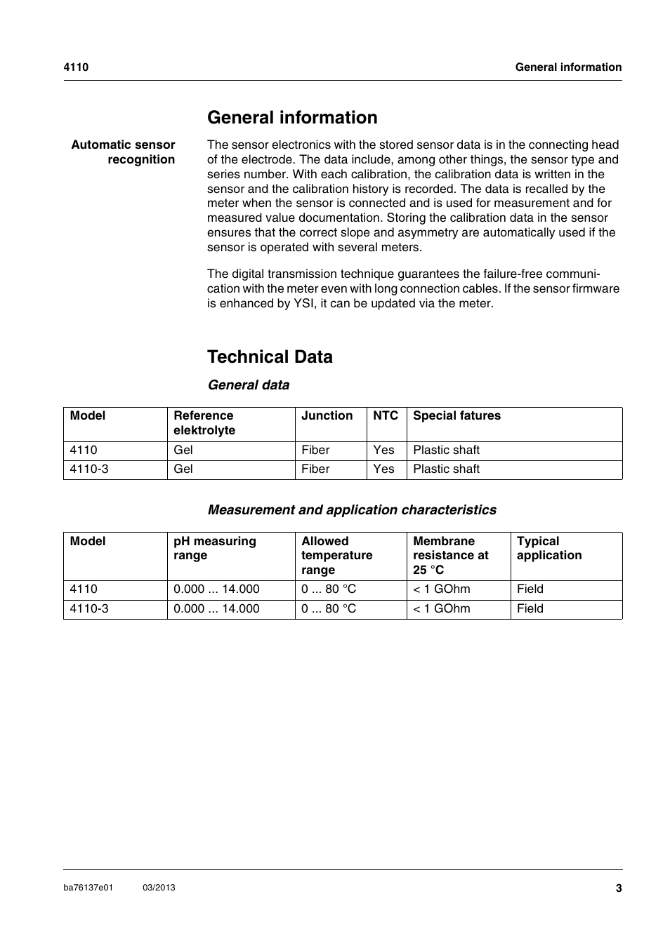 General information, Technical data, General data | Measurement and application characteristics | YSI MultiLab IDS 4110 pH Electrode User Manual | Page 3 / 12