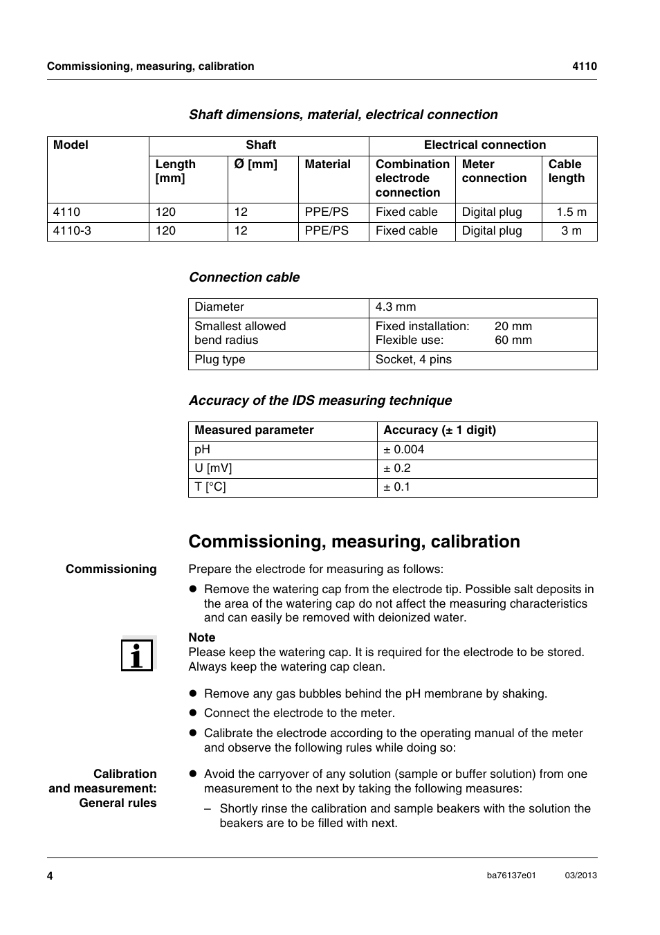 Connection cable, Accuracy of the ids measuring technique, Commissioning, measuring, calibration | YSI MultiLab IDS 4110 pH Electrode User Manual | Page 4 / 12
