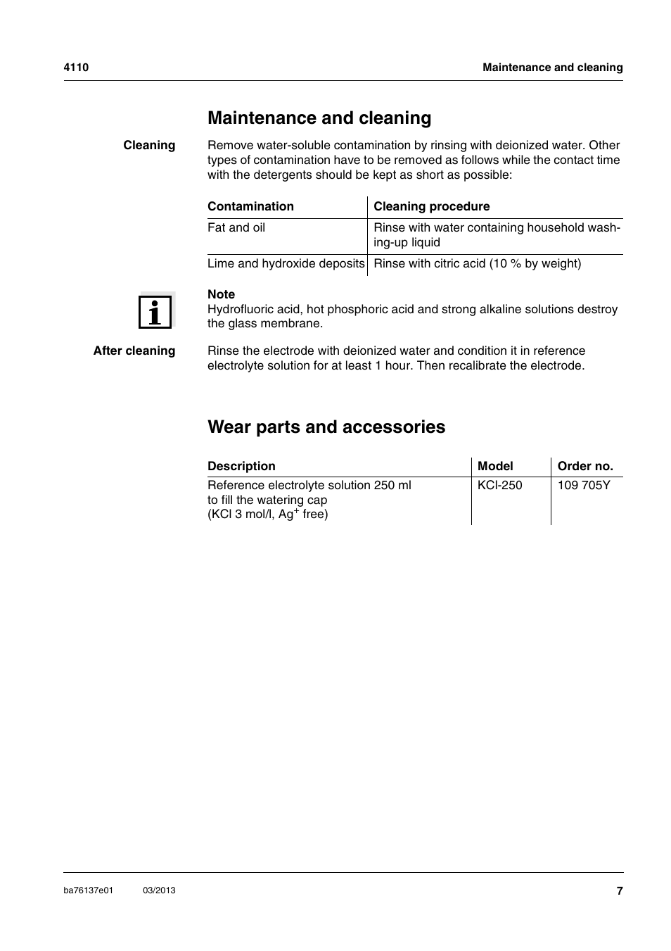 Maintenance and cleaning, Wear parts and accessories | YSI MultiLab IDS 4110 pH Electrode User Manual | Page 7 / 12