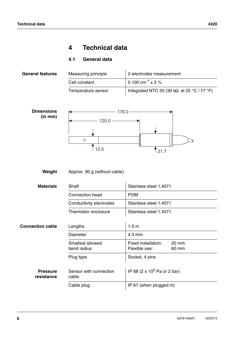 4 technical data, 1 general data, 4technical data | YSI MultiLab IDS 4320 Conductivity Probe User Manual | Page 6 / 12