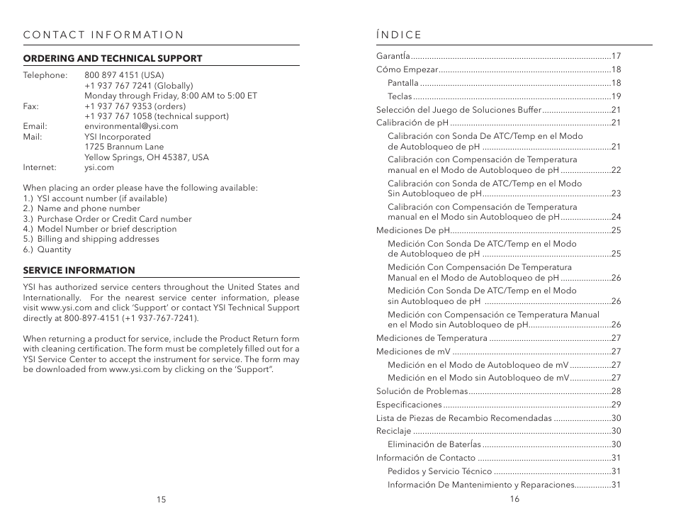 Contact information, Ordering and technical support, Service information | Ordering and technical support service information | YSI pH1200 User Manual | Page 10 / 26