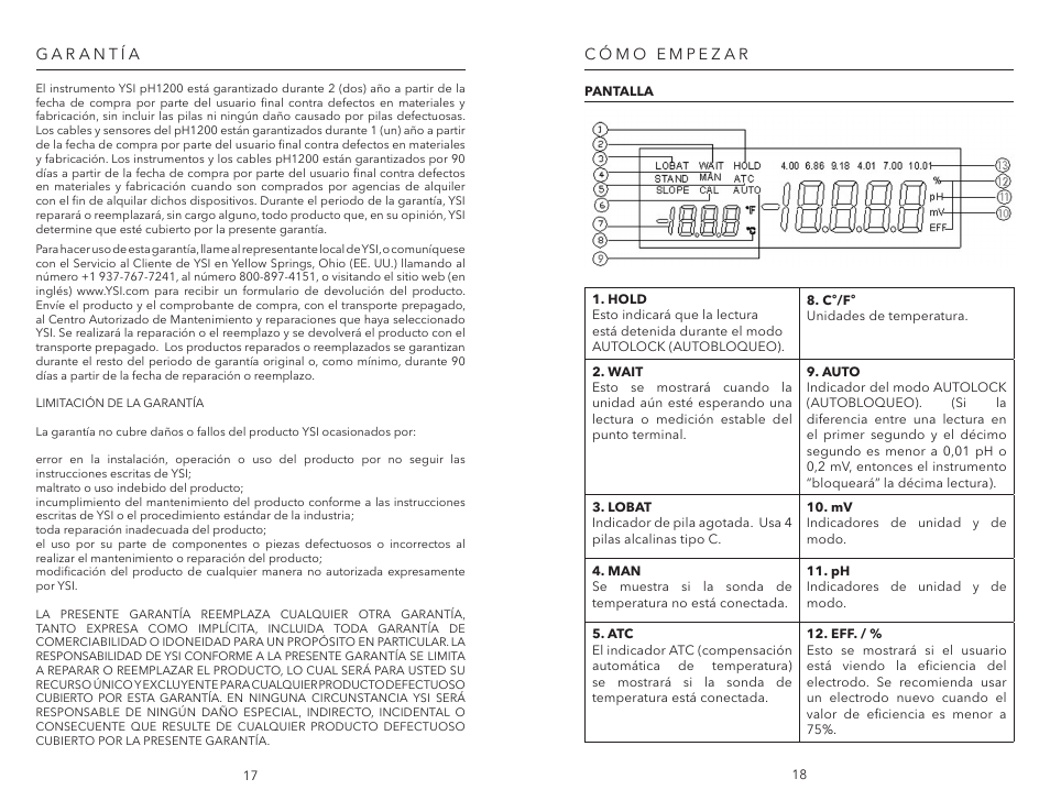 Garantía, Cómo empezar, Pantalla | Garantía cómo empezar | YSI pH1200 User Manual | Page 11 / 26