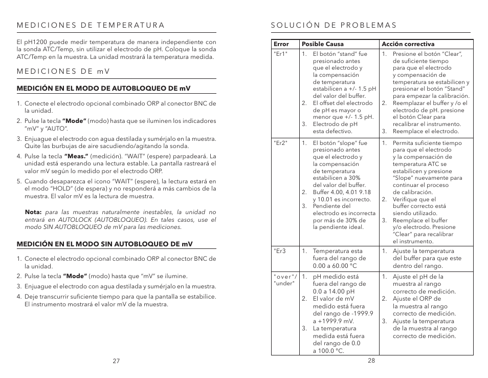 Mediciones de temperatura, Mediciones de mv, Medición en el modo de autobloqueo de mv | Medición en el modo sin autobloqueo de mv, Solución de problemas, Mediciones de temperatura mediciones de mv | YSI pH1200 User Manual | Page 16 / 26