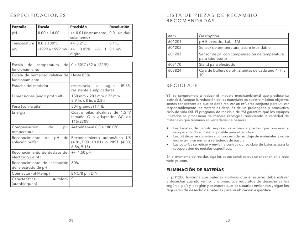 Especificaciones, Lista de piezas de recambio recomendadas, Reciclaje | Eliminación de baterías | YSI pH1200 User Manual | Page 17 / 26