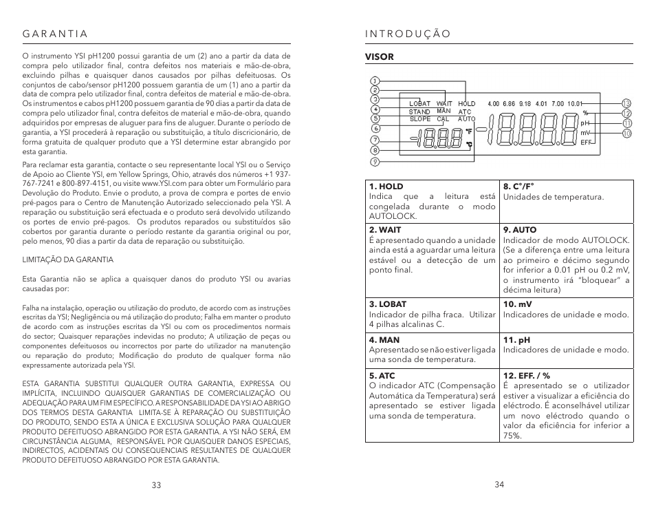 Garantia, Introdução, Visor | Garantia introdução | YSI pH1200 User Manual | Page 19 / 26
