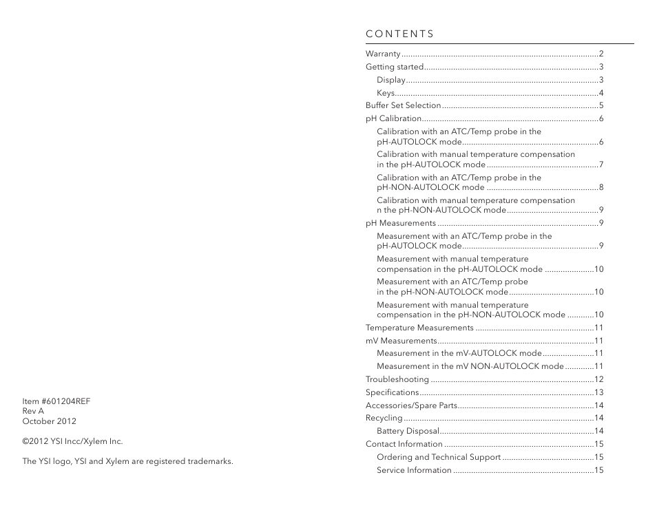 YSI pH1200 User Manual | Page 2 / 26