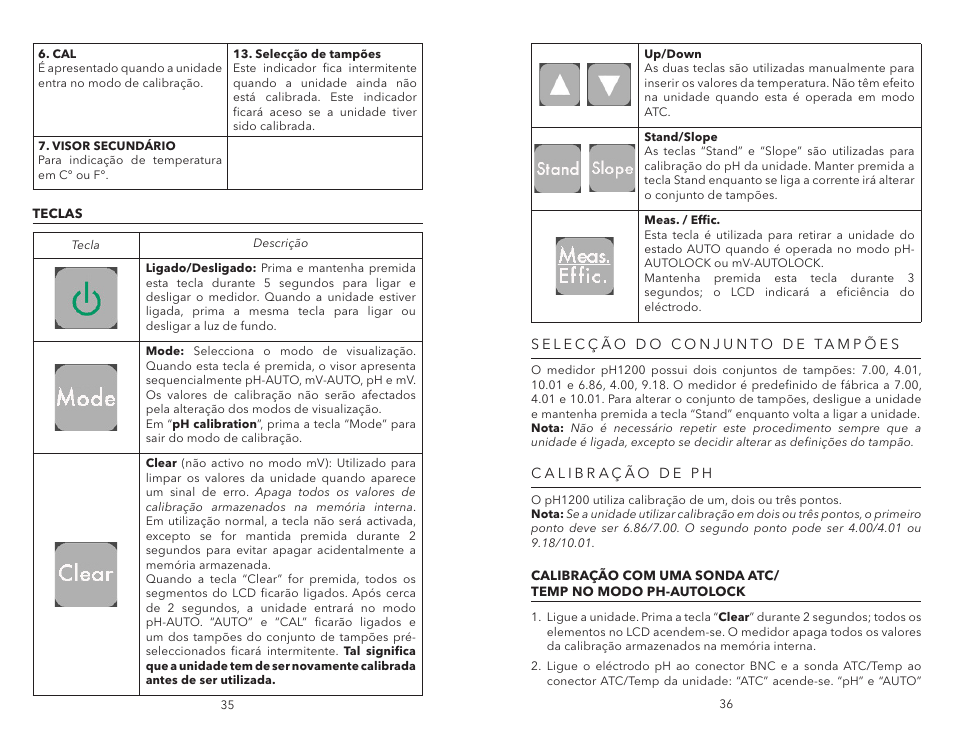 Teclas, Selecção do conjunto de tampões, Calibração de ph | Selecção do conjunto de tampões calibração de ph | YSI pH1200 User Manual | Page 20 / 26