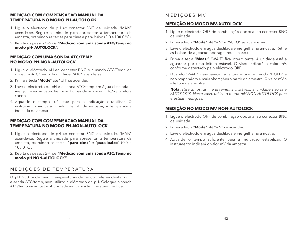 Medições de temperatura, Medições mv, Medição no modo mv-autolock | Medição no modo mv non-autolock, Medições de temperatura medoções mv | YSI pH1200 User Manual | Page 23 / 26