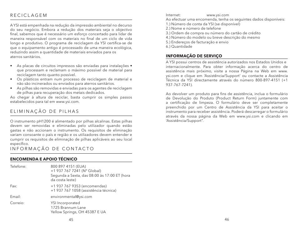 Reciclagem, Eliminação de pilhas, Informação de contacto | Encomenda e apoio técnico, Informação de serviço, Encomenda e apoio técnico informação de serviço | YSI pH1200 User Manual | Page 25 / 26