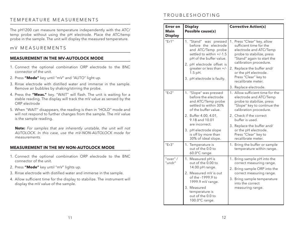 Temperature measurements, Mv measurements, Measurement in the mv-autolock mode | Measurement in the mv non-autolock mode, Troubleshooting, Temperature measurements mv measurements | YSI pH1200 User Manual | Page 8 / 26