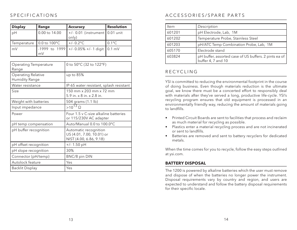 Specifications, Accessories/spare parts, Recycling | Battery disposal, Specifications accessories/spare parts recycling | YSI pH1200 User Manual | Page 9 / 26