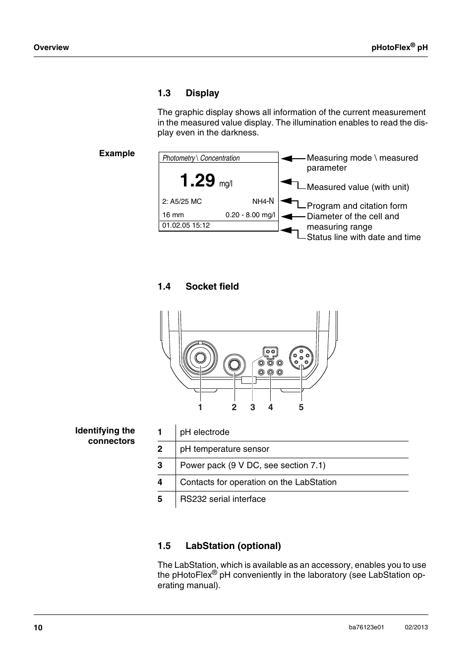 3 display, 4 socket field, 5 labstation (optional) | Display, Socket field, Labstation (optional) | YSI pHotoFlex pH Handheld Colorimeter User Manual | Page 10 / 104