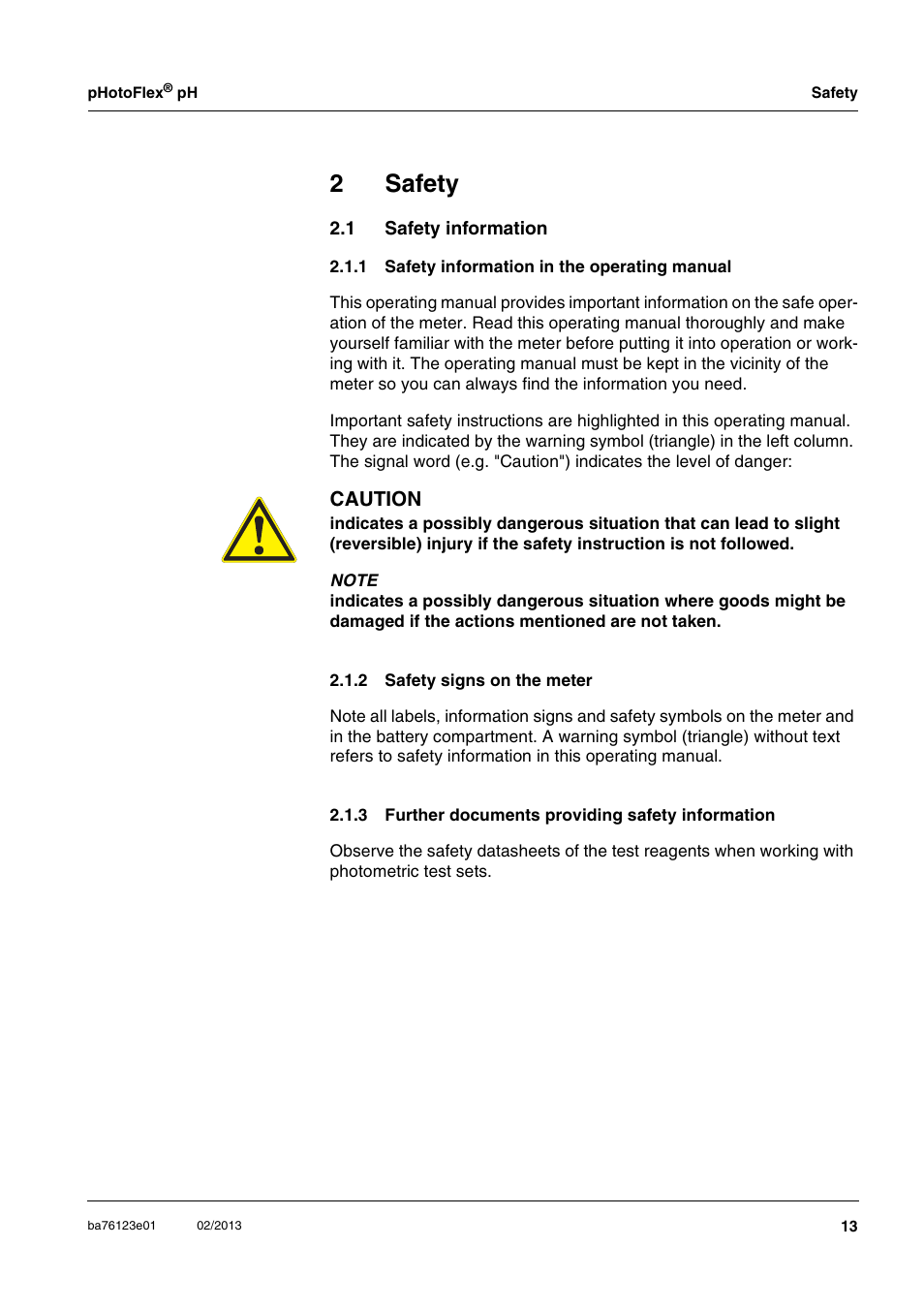 2 safety, 1 safety information, 1 safety information in the operating manual | 2 safety signs on the meter, 3 further documents providing safety information, Safety, Safety information 2.1.1, Safety information in the operating manual, Safety signs on the meter, Further documents providing safety information 13 | YSI pHotoFlex pH Handheld Colorimeter User Manual | Page 13 / 104