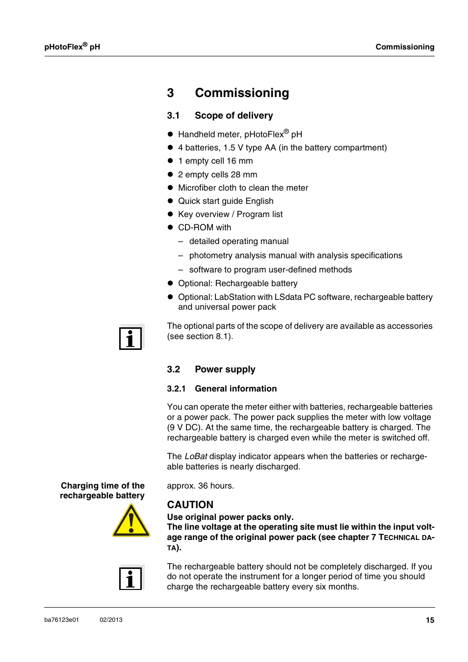 3 commissioning, 1 scope of delivery, 2 power supply | 1 general information, Commissioning, Scope of delivery, Power supply 3.2.1, General information, 3commissioning | YSI pHotoFlex pH Handheld Colorimeter User Manual | Page 15 / 104