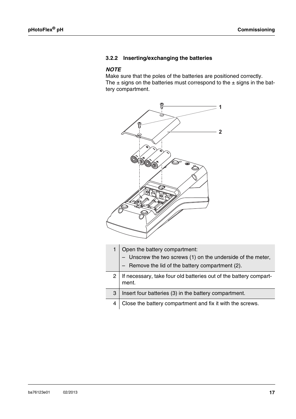 2 inserting/exchanging the batteries, Inserting/exchanging the batteries | YSI pHotoFlex pH Handheld Colorimeter User Manual | Page 17 / 104