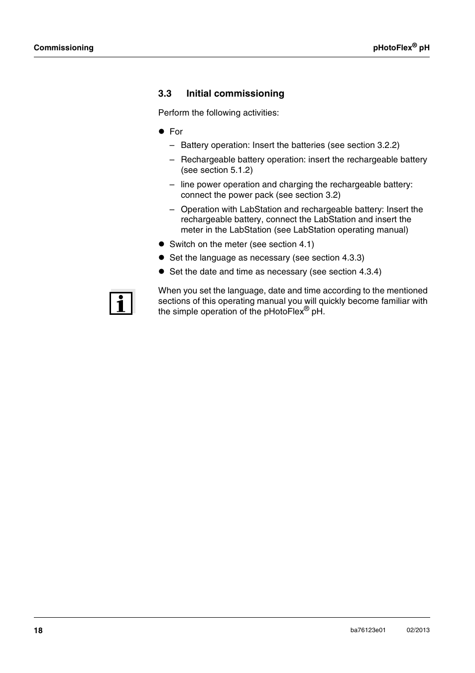 3 initial commissioning, Initial commissioning | YSI pHotoFlex pH Handheld Colorimeter User Manual | Page 18 / 104