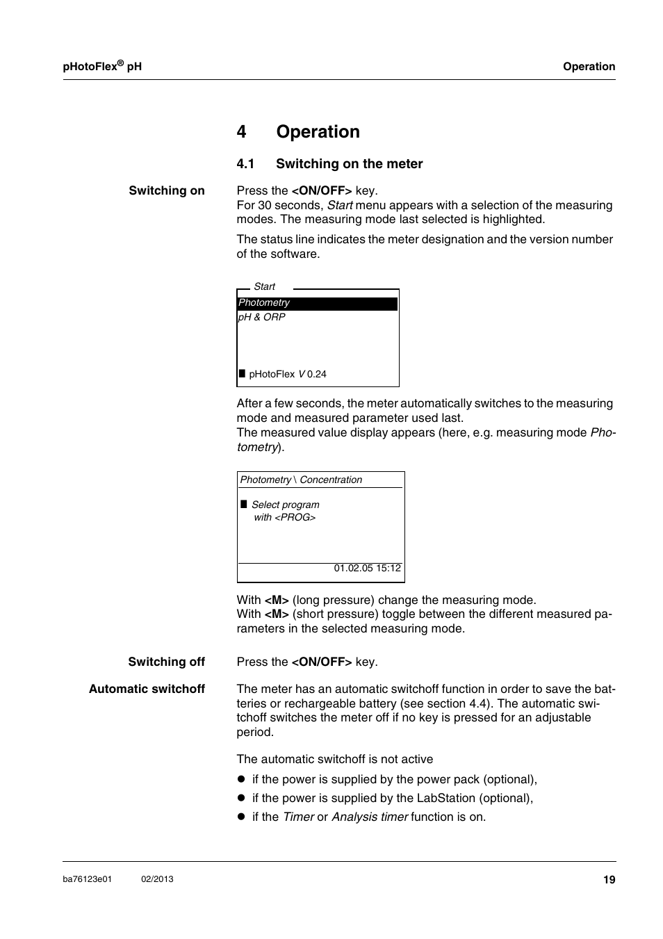 4 operation, 1 switching on the meter, Operation | Switching on the meter, Ee section 4.1), 4operation | YSI pHotoFlex pH Handheld Colorimeter User Manual | Page 19 / 104