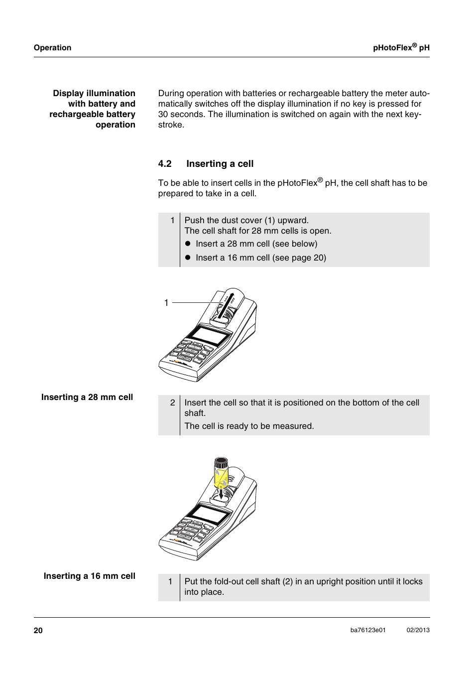 2 inserting a cell, Inserting a cell | YSI pHotoFlex pH Handheld Colorimeter User Manual | Page 20 / 104