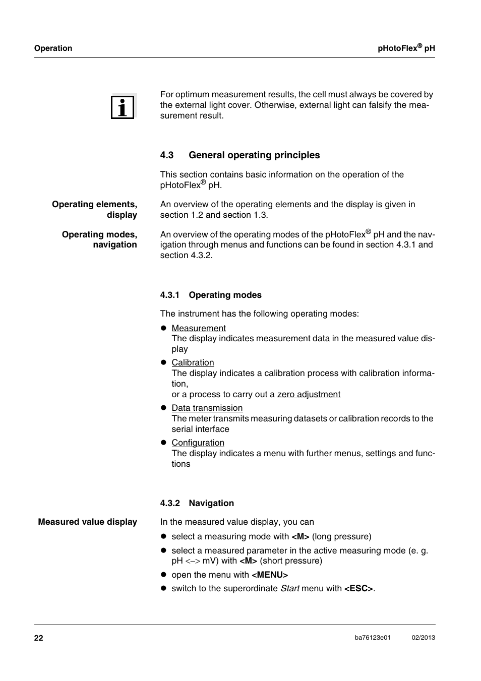 3 general operating principles, 1 operating modes, 2 navigation | General operating principles 4.3.1, Operating modes, Navigation | YSI pHotoFlex pH Handheld Colorimeter User Manual | Page 22 / 104