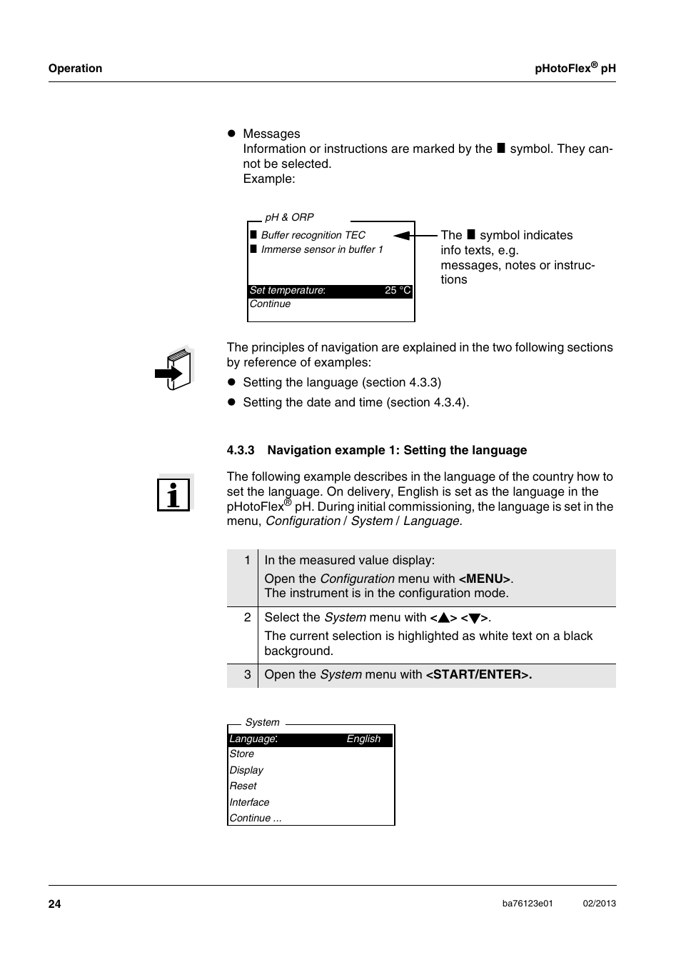 3 navigation example 1: setting the language, Navigation example 1: setting the language, Ee section 4.3.3 | YSI pHotoFlex pH Handheld Colorimeter User Manual | Page 24 / 104