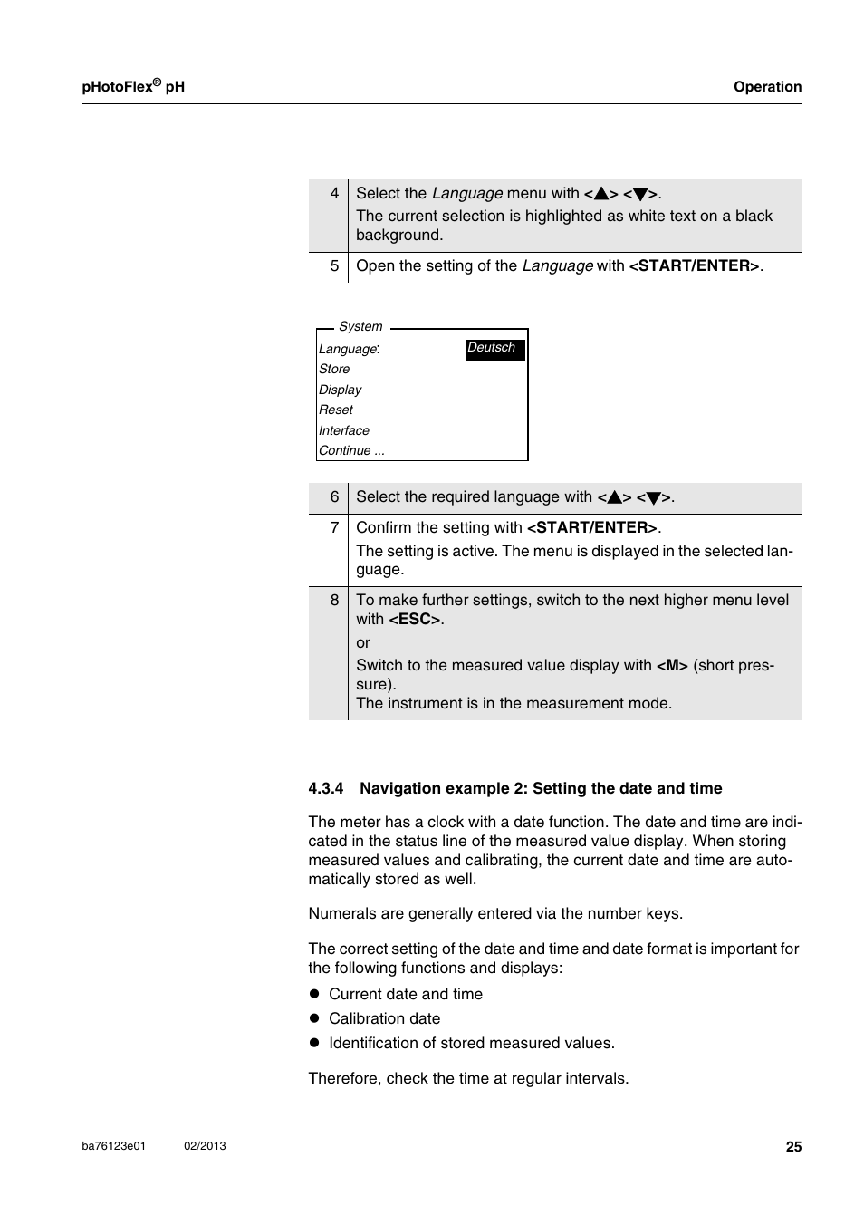 4 navigation example 2: setting the date and time, Navigation example 2: setting the date and time 25, Ee section 4.3.4) | YSI pHotoFlex pH Handheld Colorimeter User Manual | Page 25 / 104