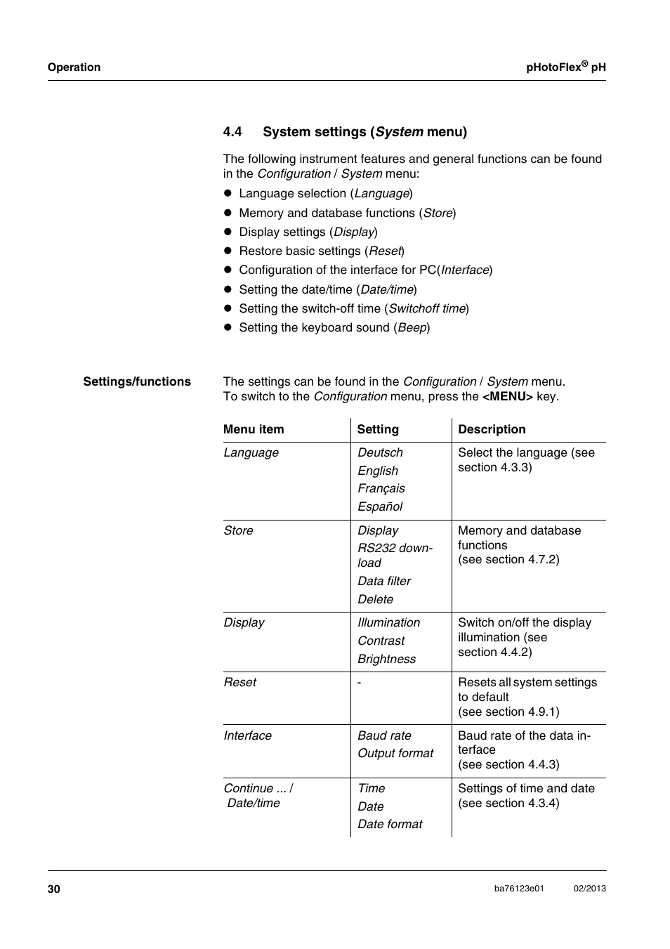 4 system settings (system menu), System settings ( sys | YSI pHotoFlex pH Handheld Colorimeter User Manual | Page 30 / 104