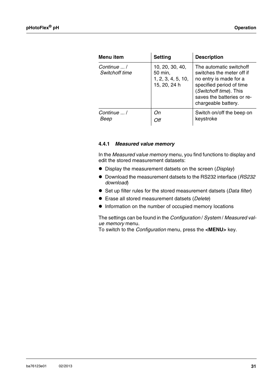 1 measured value memory | YSI pHotoFlex pH Handheld Colorimeter User Manual | Page 31 / 104