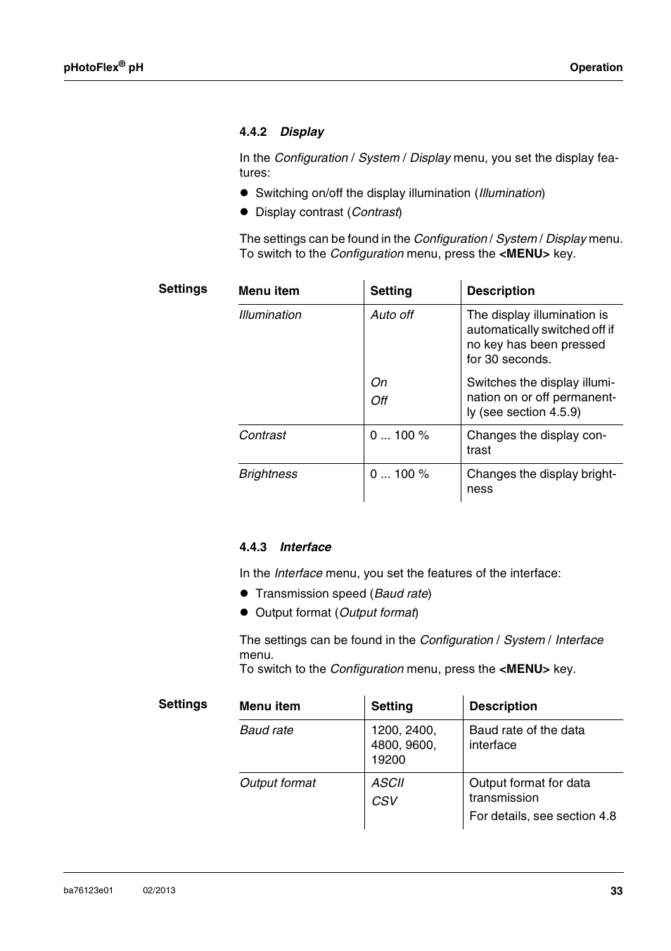 2 display, 3 interface, Section 4.4.2) | Section 4.4.3 | YSI pHotoFlex pH Handheld Colorimeter User Manual | Page 33 / 104