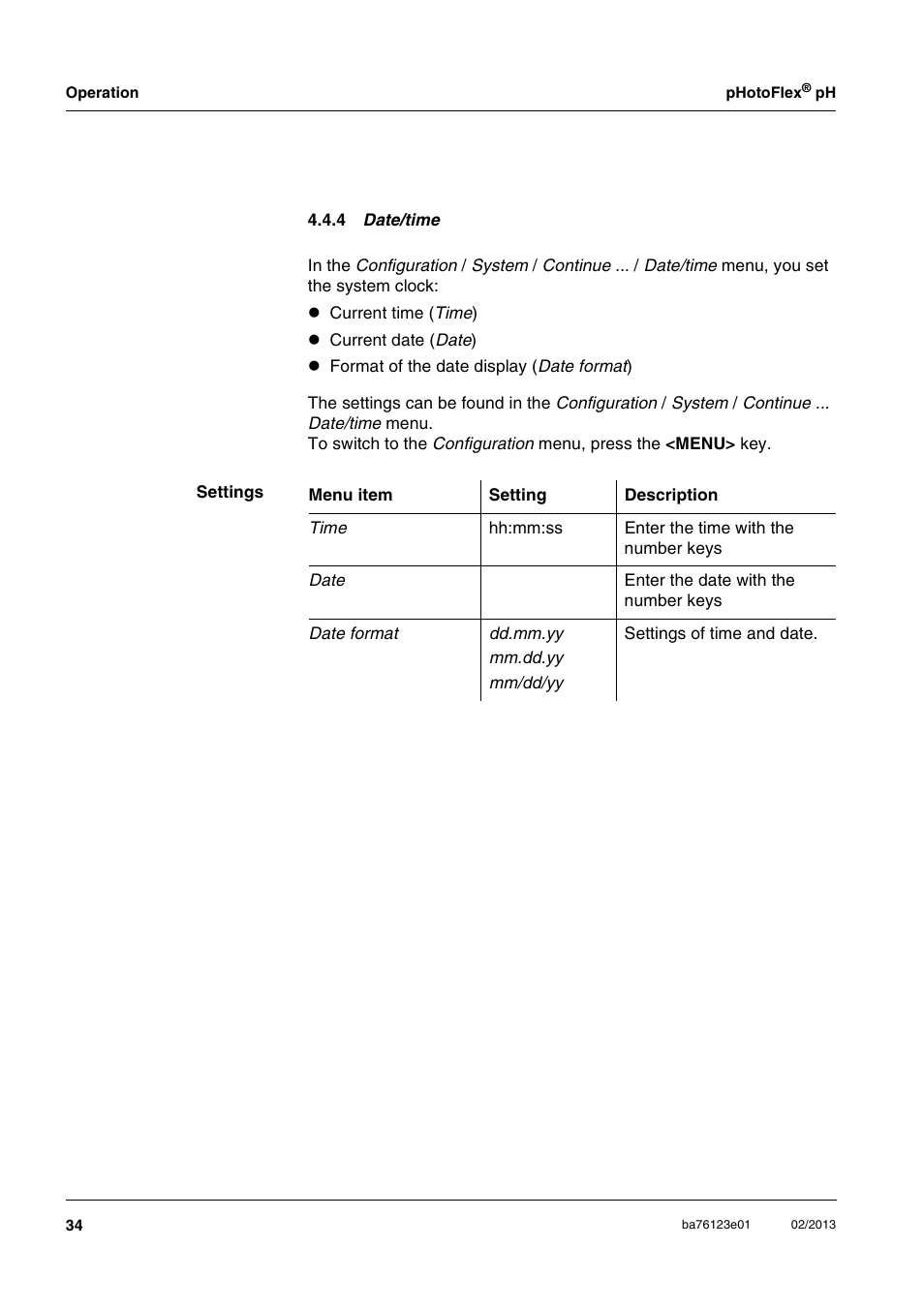 4 date/time | YSI pHotoFlex pH Handheld Colorimeter User Manual | Page 34 / 104