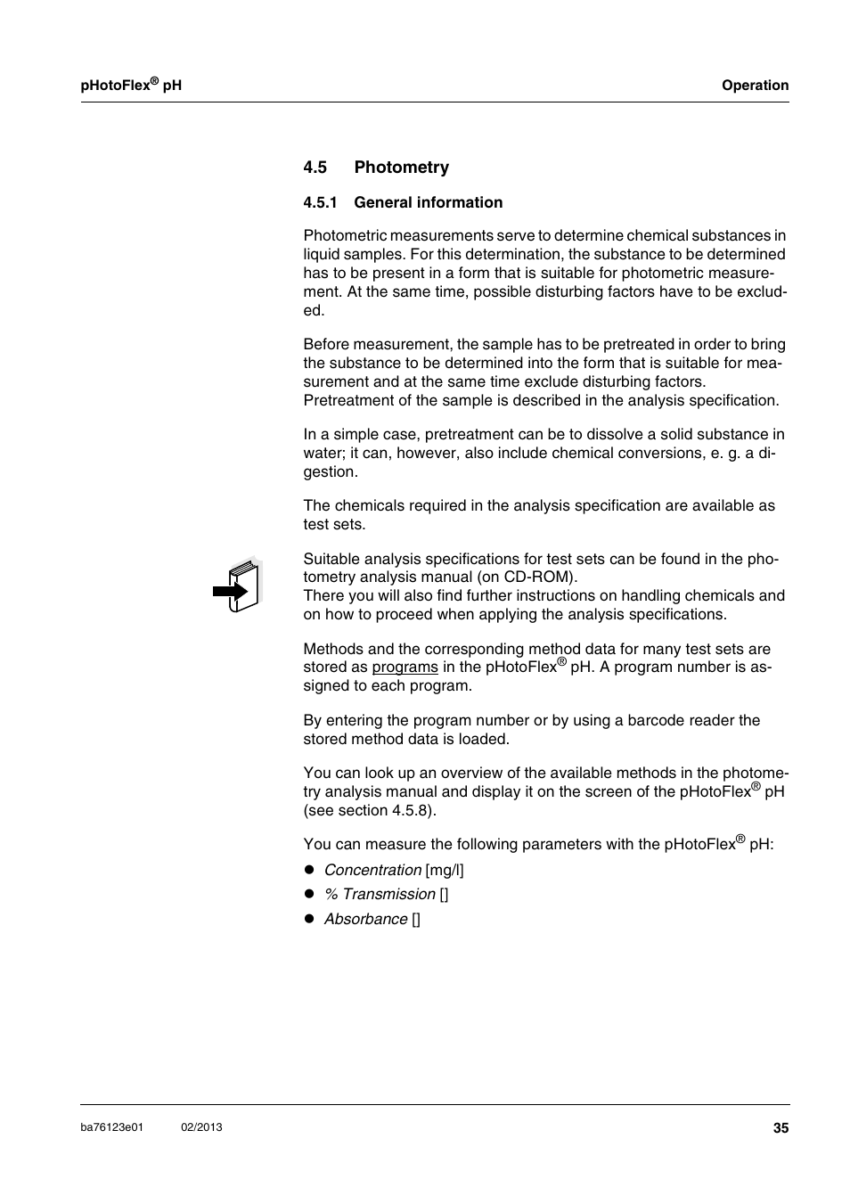 5 photometry, 1 general information, Photometry 4.5.1 | General information | YSI pHotoFlex pH Handheld Colorimeter User Manual | Page 35 / 104