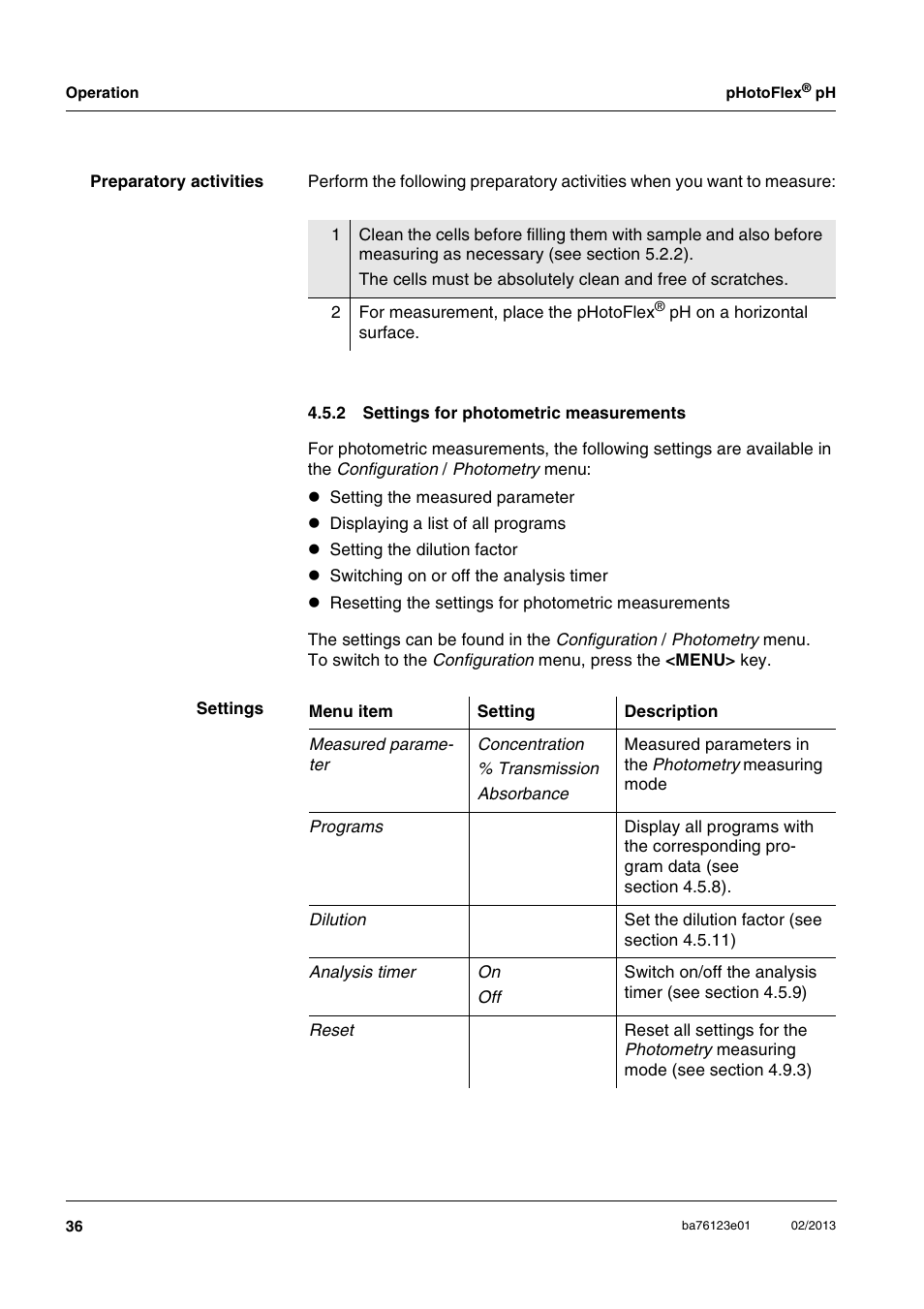 2 settings for photometric measurements, Settings for photometric measurements | YSI pHotoFlex pH Handheld Colorimeter User Manual | Page 36 / 104