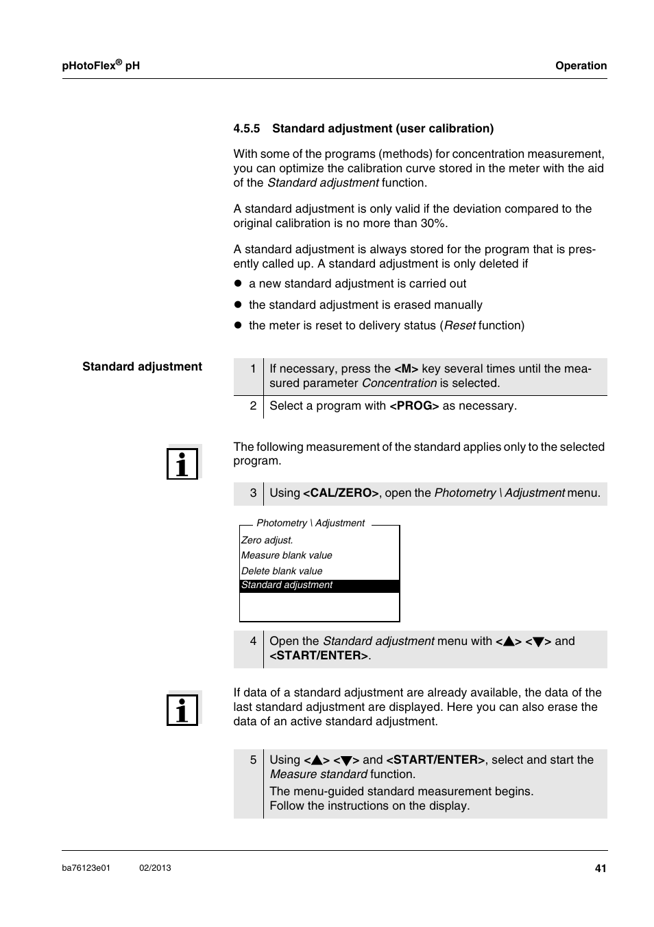 5 standard adjustment (user calibration), Standard adjustment (user calibration) | YSI pHotoFlex pH Handheld Colorimeter User Manual | Page 41 / 104