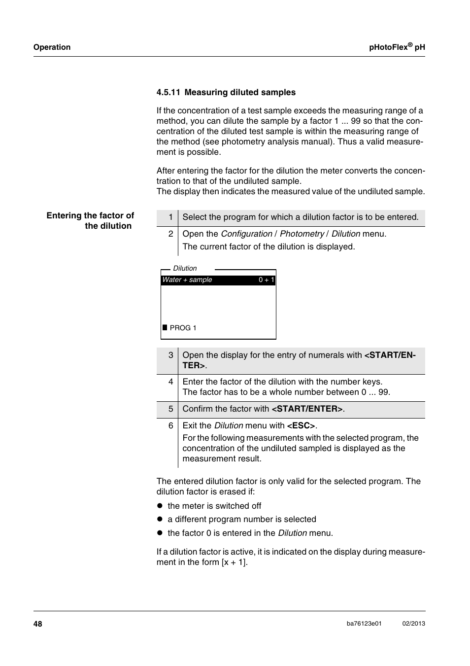 11 measuring diluted samples, Section 4.5.11 | YSI pHotoFlex pH Handheld Colorimeter User Manual | Page 48 / 104