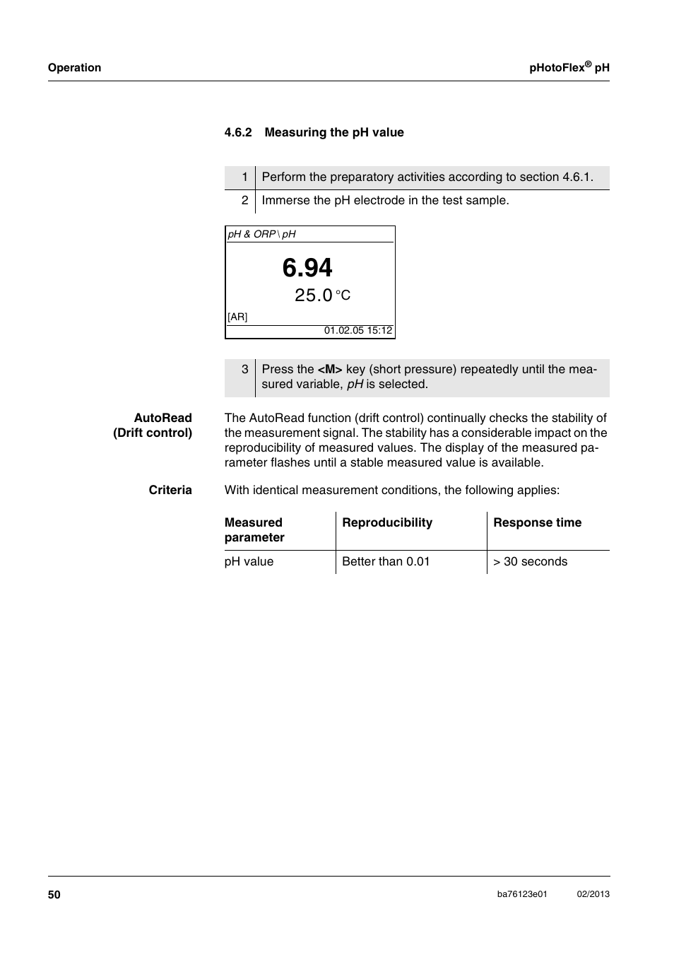 2 measuring the ph value, Measuring the ph value | YSI pHotoFlex pH Handheld Colorimeter User Manual | Page 50 / 104