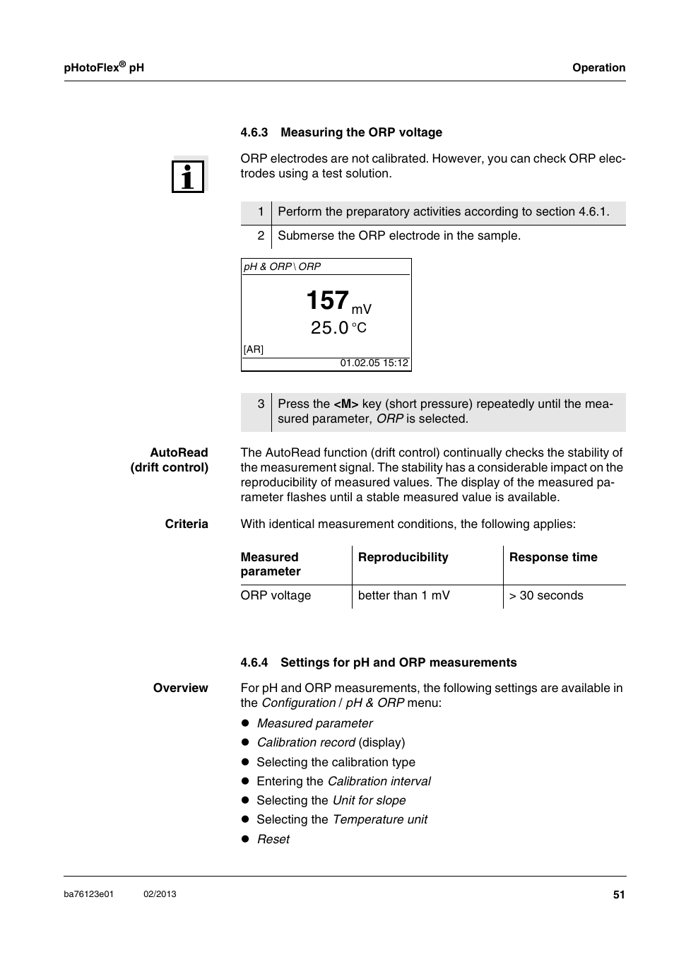 3 measuring the orp voltage, 4 settings for ph and orp measurements, Measuring the orp voltage | Settings for ph and orp measurements | YSI pHotoFlex pH Handheld Colorimeter User Manual | Page 51 / 104