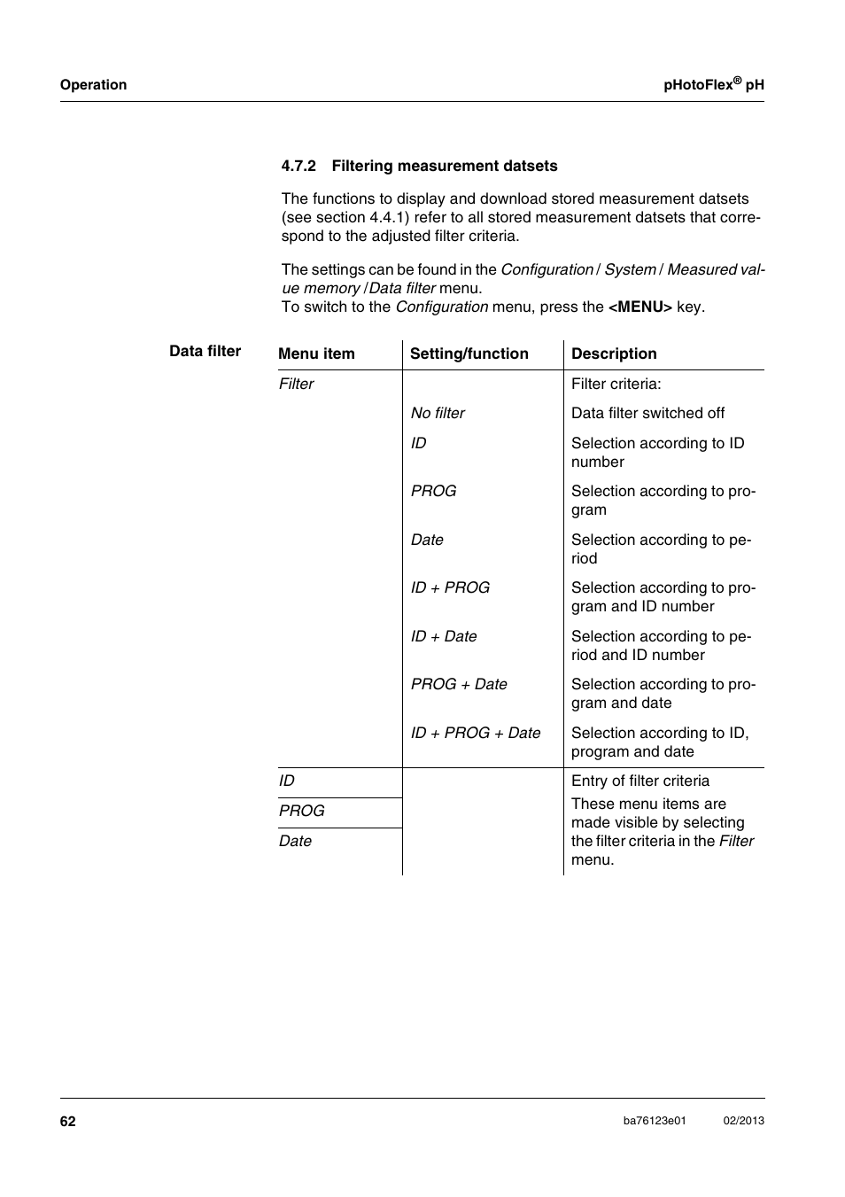 2 filtering measurement datsets, Filtering measurement datsets, Section 4.7.2 | YSI pHotoFlex pH Handheld Colorimeter User Manual | Page 62 / 104